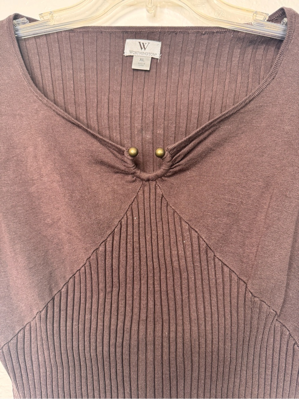 Y2K VTG 00s Brown Stretchy Ribbed U Metal Opening Ribbed Top XL Worthington - Picture 2 of 6